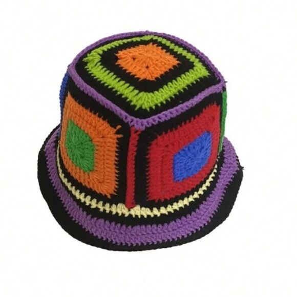 Crochet Hat Colorful Handmade Plaid Sun Hat - Picture 11 of 12